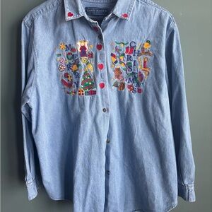 90s Christmas Embroidered Denim Shirt